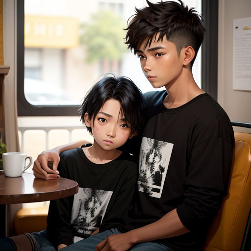 a couple of people sitting next to each other at a table with a cup of coffee in front of them