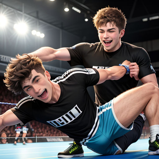 two men are wrestling in a wrestling ring in a stadium with a crowd watching them from the stands and a man is smiling