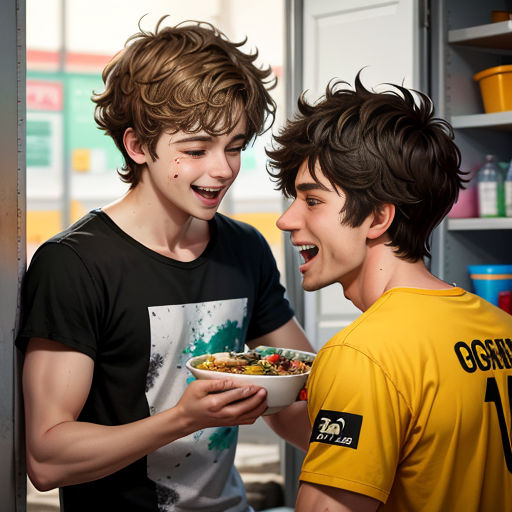 two young men are laughing and eating food together in a kitchen area of a school or college dorm building