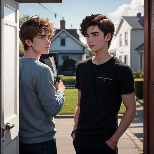 two young men standing outside of a house talking to each other while one of them is holding a hair dryer