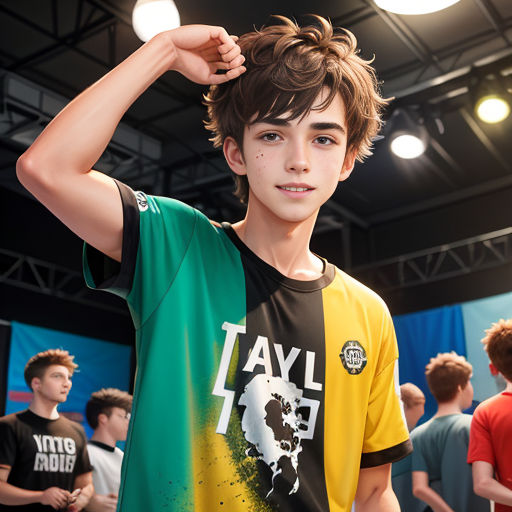 a boy in a green and yellow shirt is posing for a picture with his hands on his head and a group of people behind him