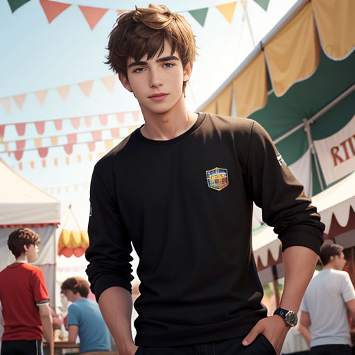 a young man standing in front of a tent with a badge on it's chest and a crowd of people behind him