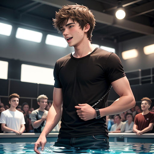 a man standing in a pool of water with a group of people behind him watching him from the side