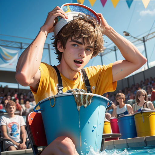 a boy in a yellow shirt is holding a bucket in front of his head and a bucket in his hand