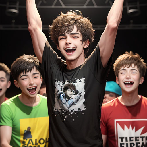 a group of young men standing next to each other on a stage with their hands in the air and smiling
