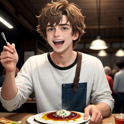 a boy is excited about his food at a restaurant table with a spoon in his hand and a plate of food in front of him