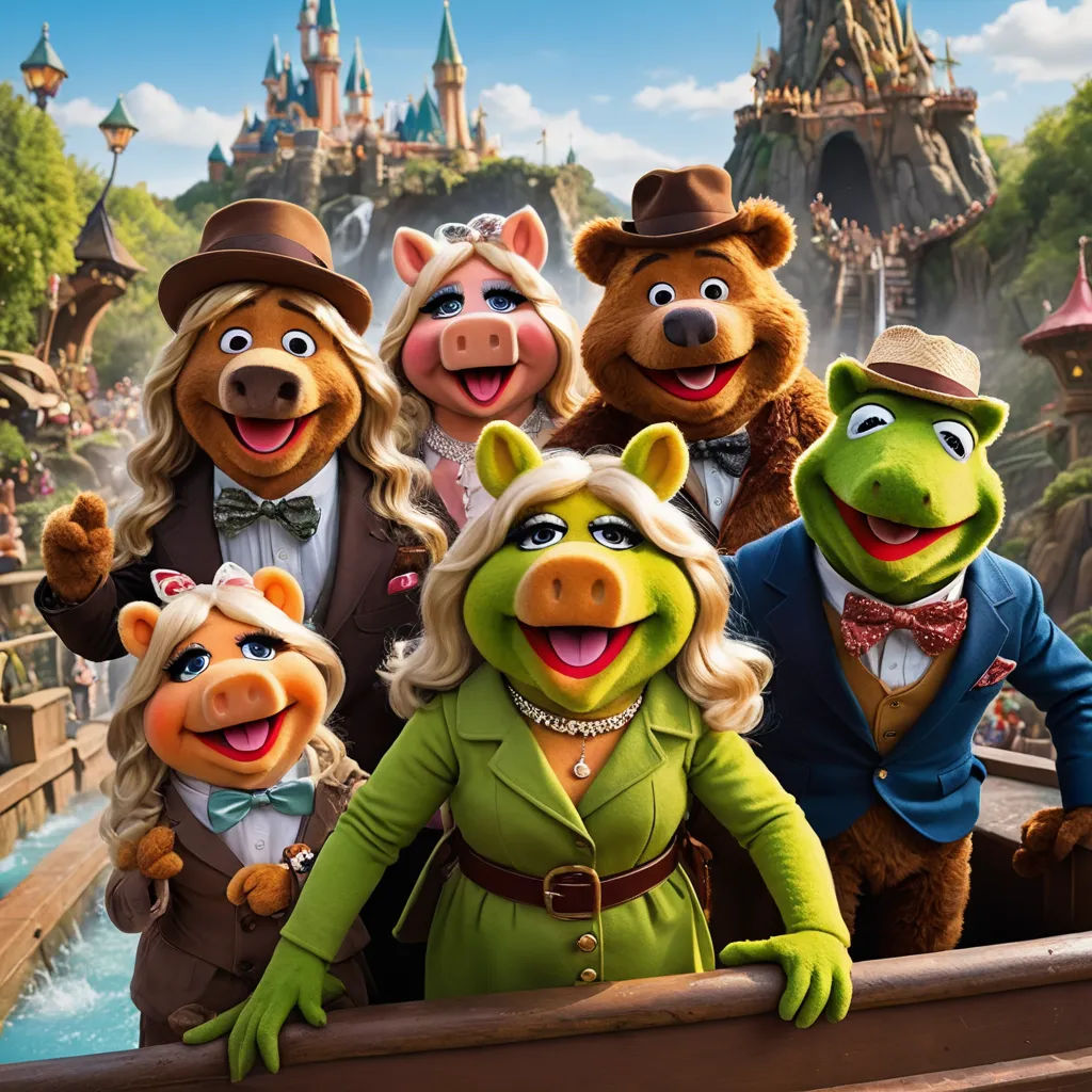 a group of people dressed in animal costumes standing on a bridge in front of a castle with a river, kitsch movement, concept art, disney, promotional image