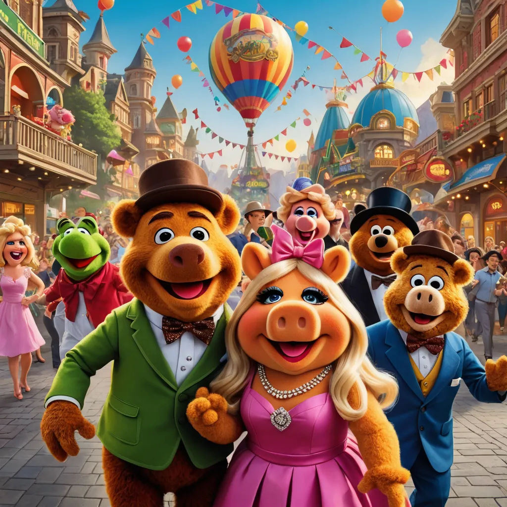 a group of people in costume standing next to each other in front of a crowd of people in a town, sots art, concept art, disney, promotional image