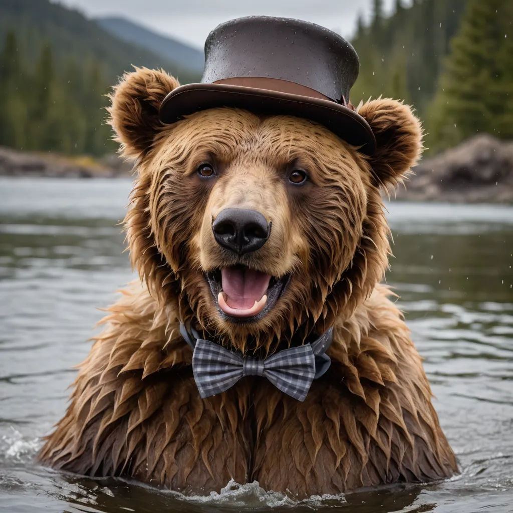 a bear wearing a hat and bow tie in the water with trees in the background and a mountain range in the distance, furry art, a stock photo, Chris LaBrooy, animal photography