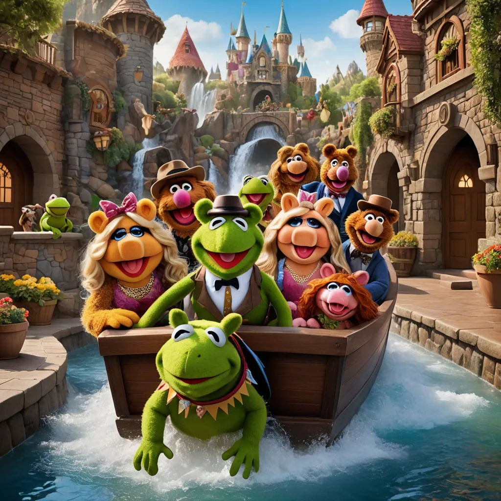 a group of people riding on top of a boat in a river with kermie the frog and other characters, kitsch movement, a poster, disney, promotional image