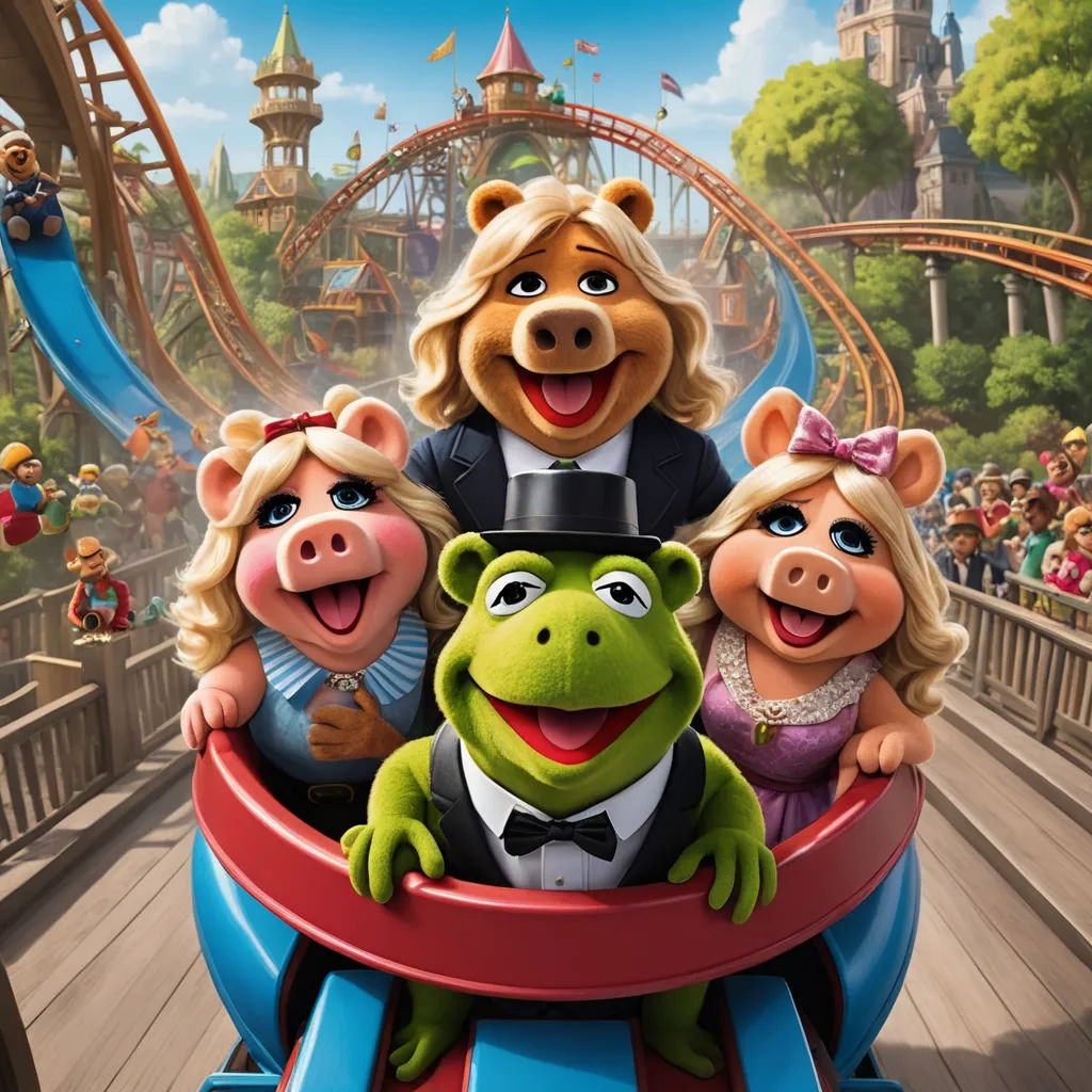 a group of people riding on top of a roller coaster in a park with a bear and piggy, sots art, concept art, disney, promotional image