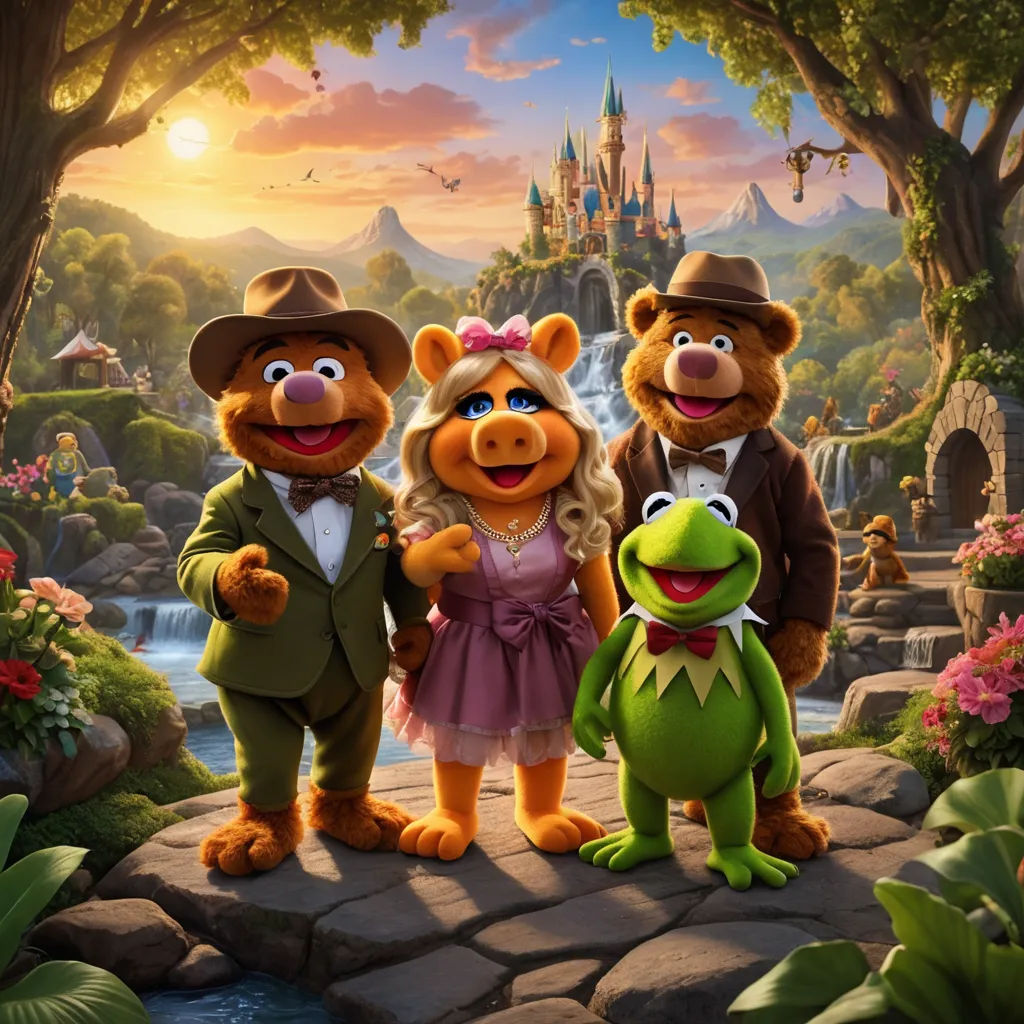 a group of people dressed in animal costumes standing next to each other in front of a castle with a waterfall, sots art, concept art, disney, official art