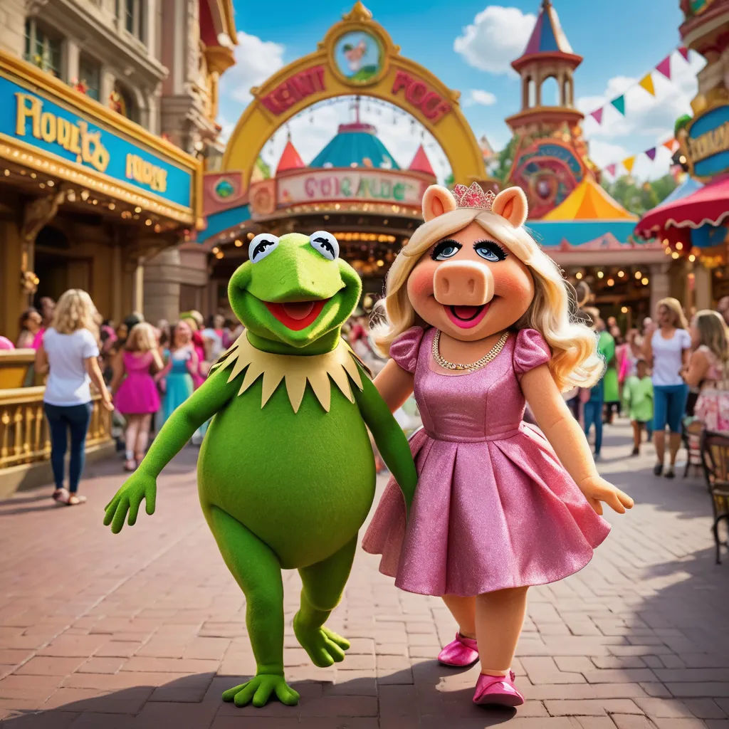 a woman in a pink dress and a frog in a pink dress are walking down a street in front of a carnival, kitsch movement, a digital rendering, disney, promotional image