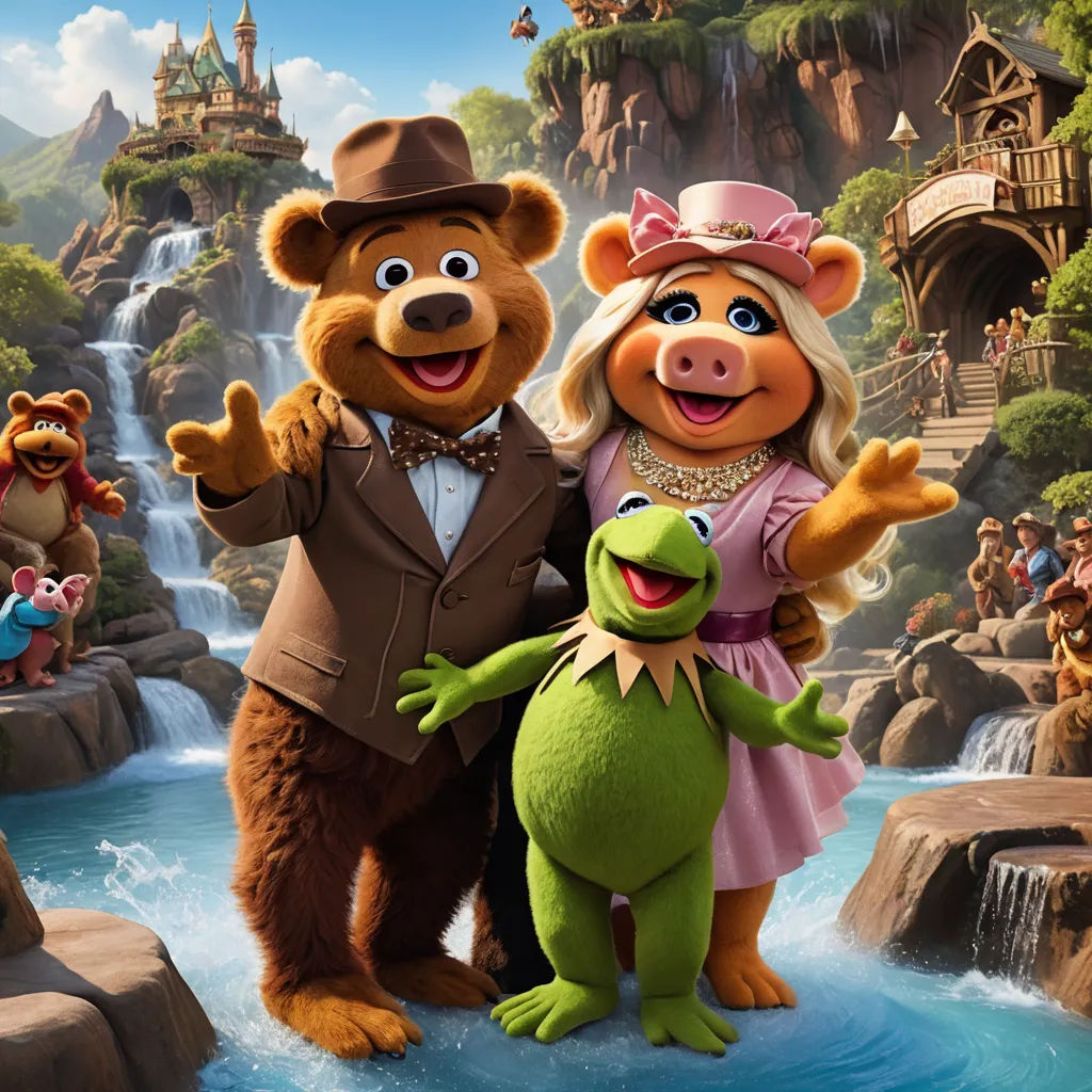 a group of people in costume standing next to a bear and frog in a river with a waterfall in the background, sots art, concept art, disney, promotional image
