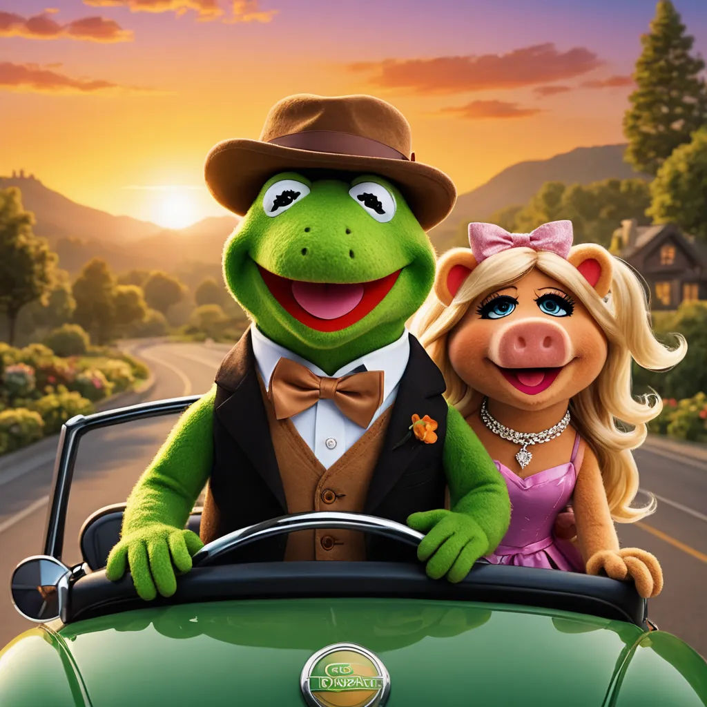 a cartoon character and a woman in a car on a road with a sunset behind them and a frog in a hat, kitsch movement, a stock photo, Andries Both, promotional image