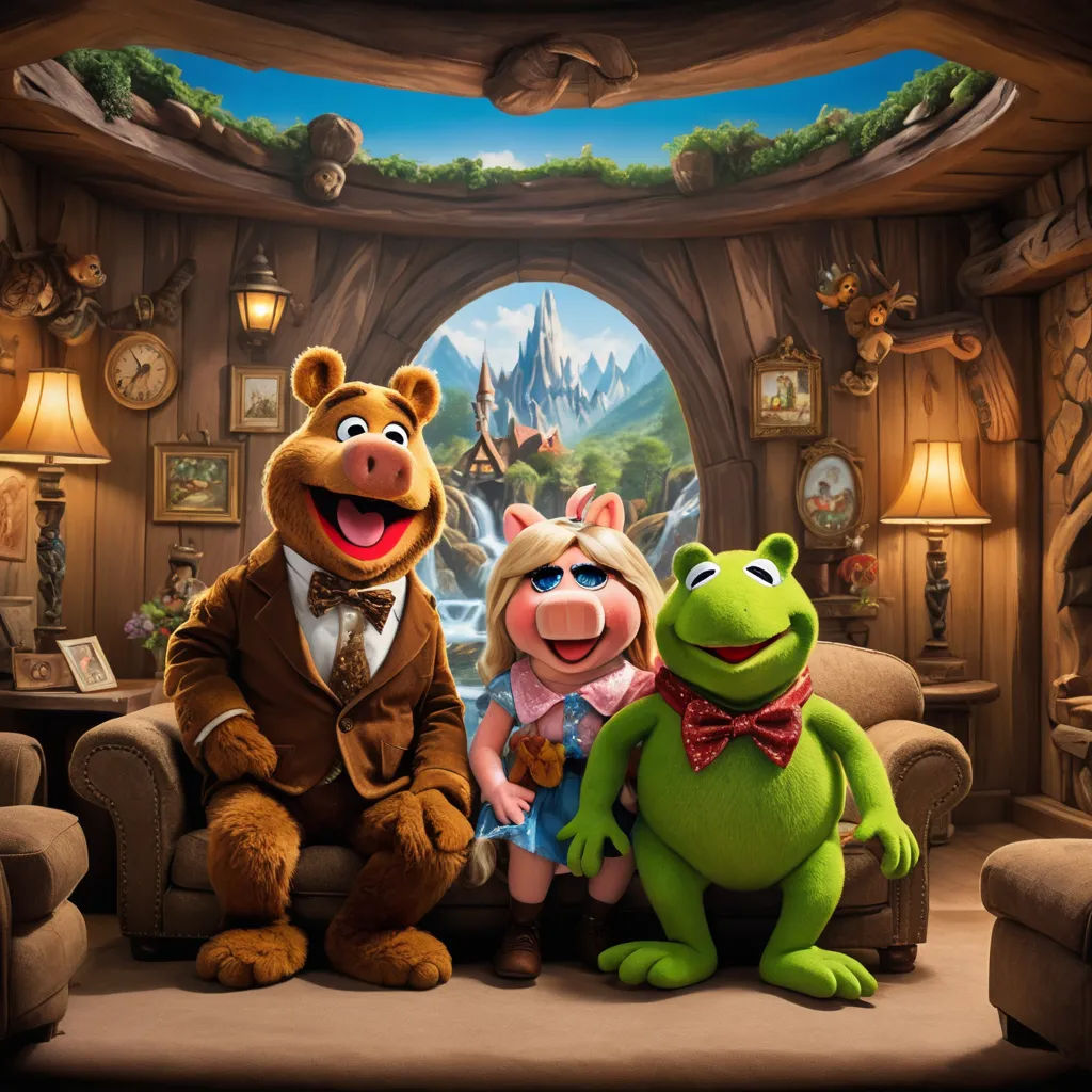 a group of people in costume sitting on a couch in a living room with a frog and a frog, sots art, concept art, disney, promotional image