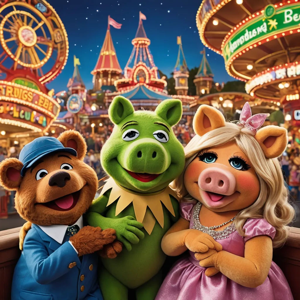 a group of people standing next to each other in front of a carnival ride at night with a pig and a pig, kitsch movement, concept art, disney, promotional image