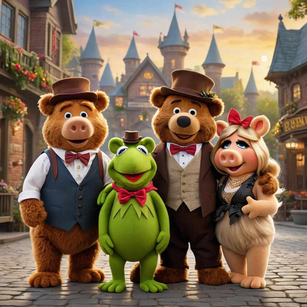 a group of three cartoon characters standing next to each other on a street with a castle in the background, sots art, concept art, disney, promotional image