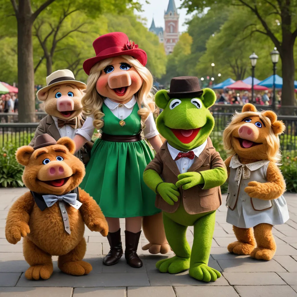 a group of people dressed in costumes standing next to each other in front of a park with trees and buildings, viennese actionism, a stock photo, disney, promotional image