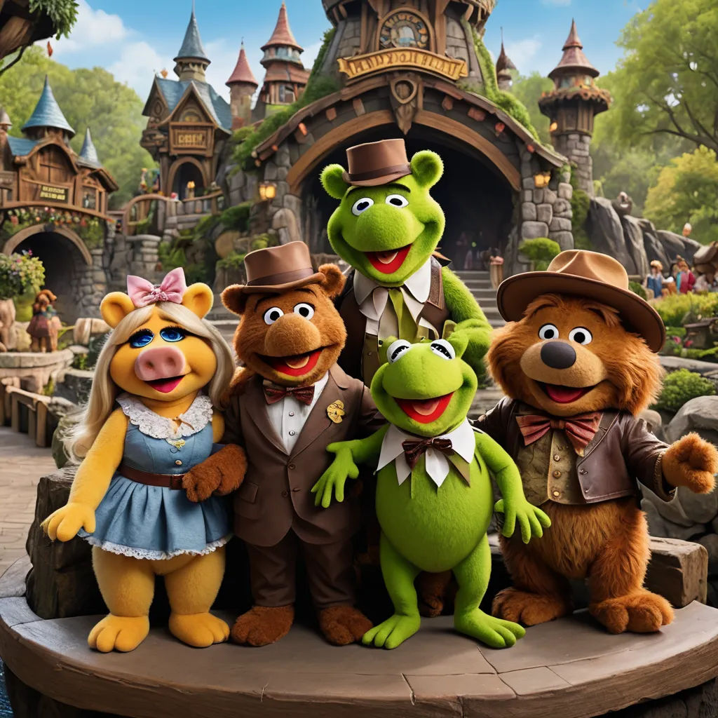 a group of people dressed in animal costumes standing in front of a castle with a frog and a bear, regionalism, an album cover, disney, promotional image