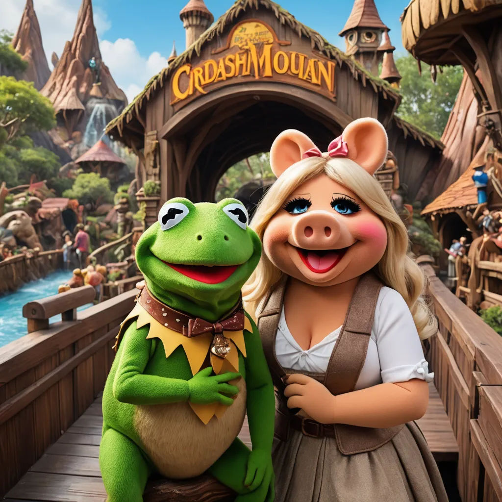 a woman and a frog are standing on a bridge in front of a castle with a waterfall and a bridge, kitsch movement, a detailed matte painting, disney, promotional image