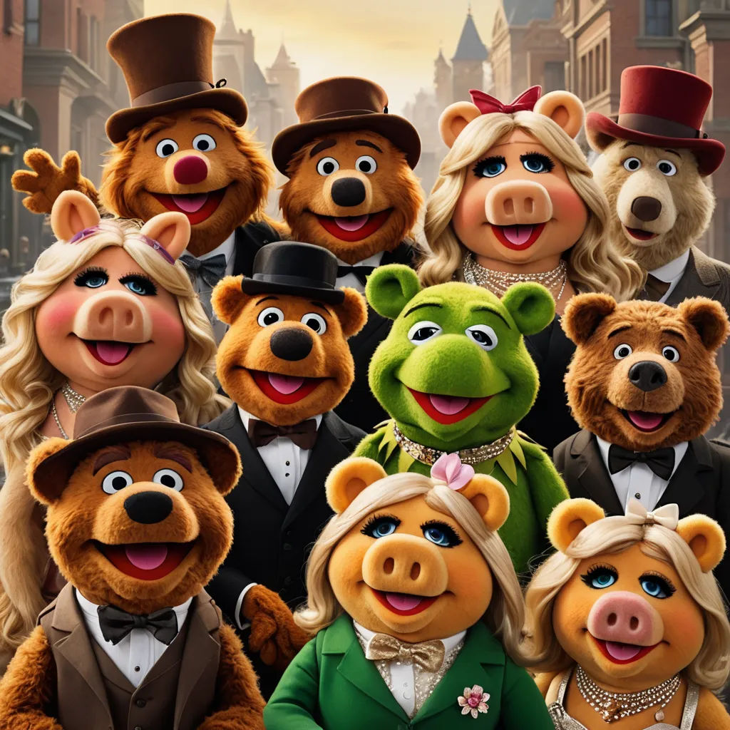 a group of people dressed in animal costumes and hats, standing in front of a backdrop of buildings and buildings, fantastic realism, concept art, Andries Both, promotional image
