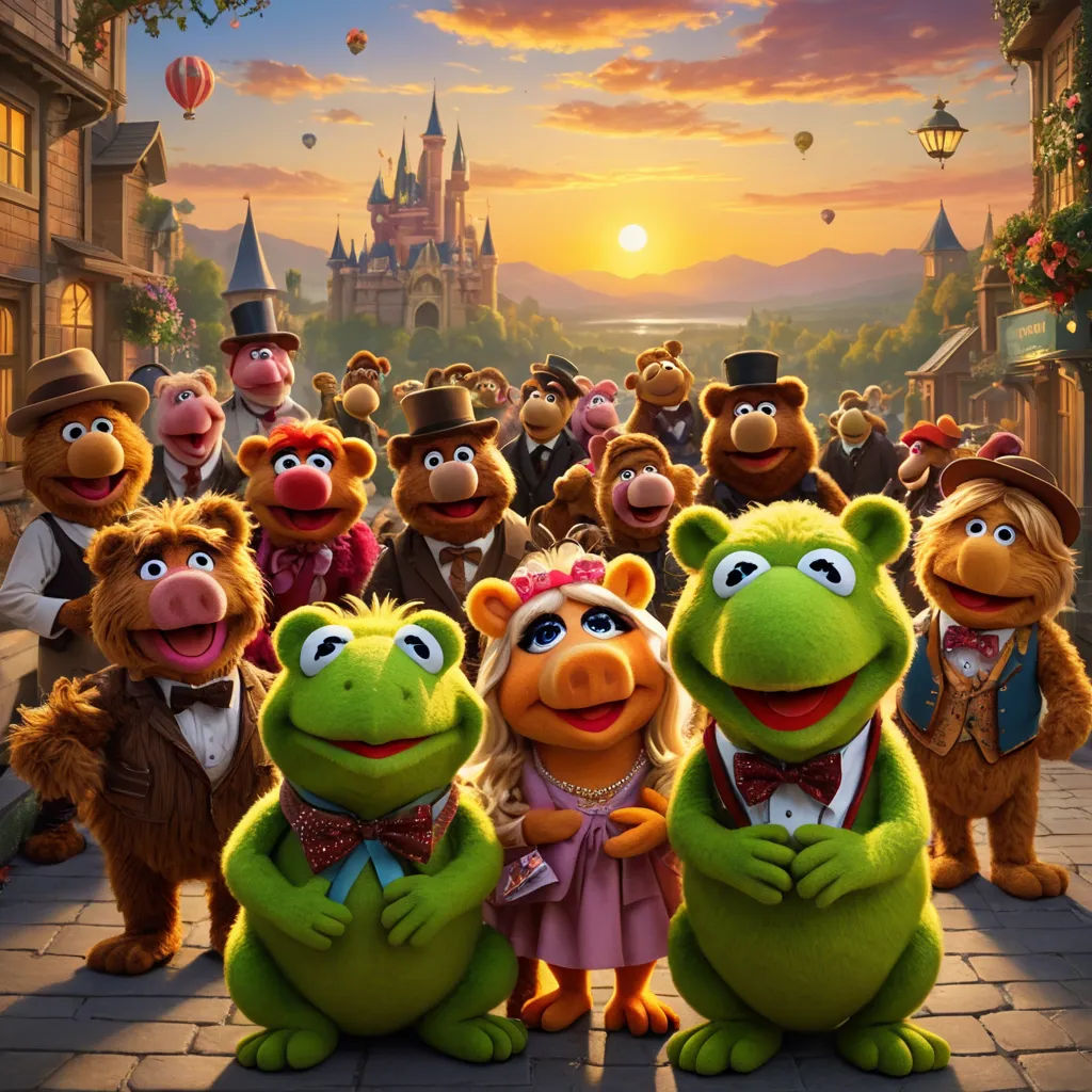 a group of sesame characters standing in front of a castle at sunset with a backdrop of balloons and balloons, sots art, poster art, disney, promotional image