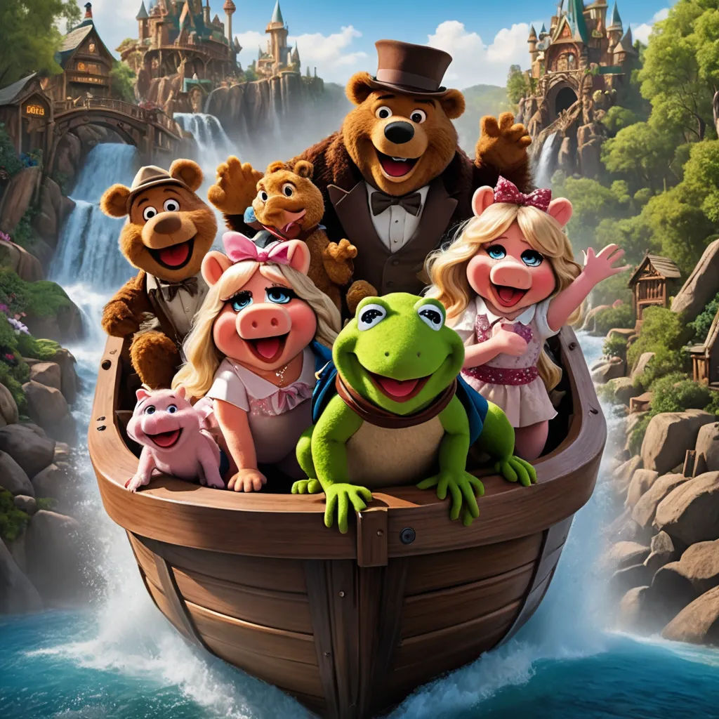 a group of people riding on top of a boat in the water with a frog and a bear on it, sots art, concept art, disney, promotional image
