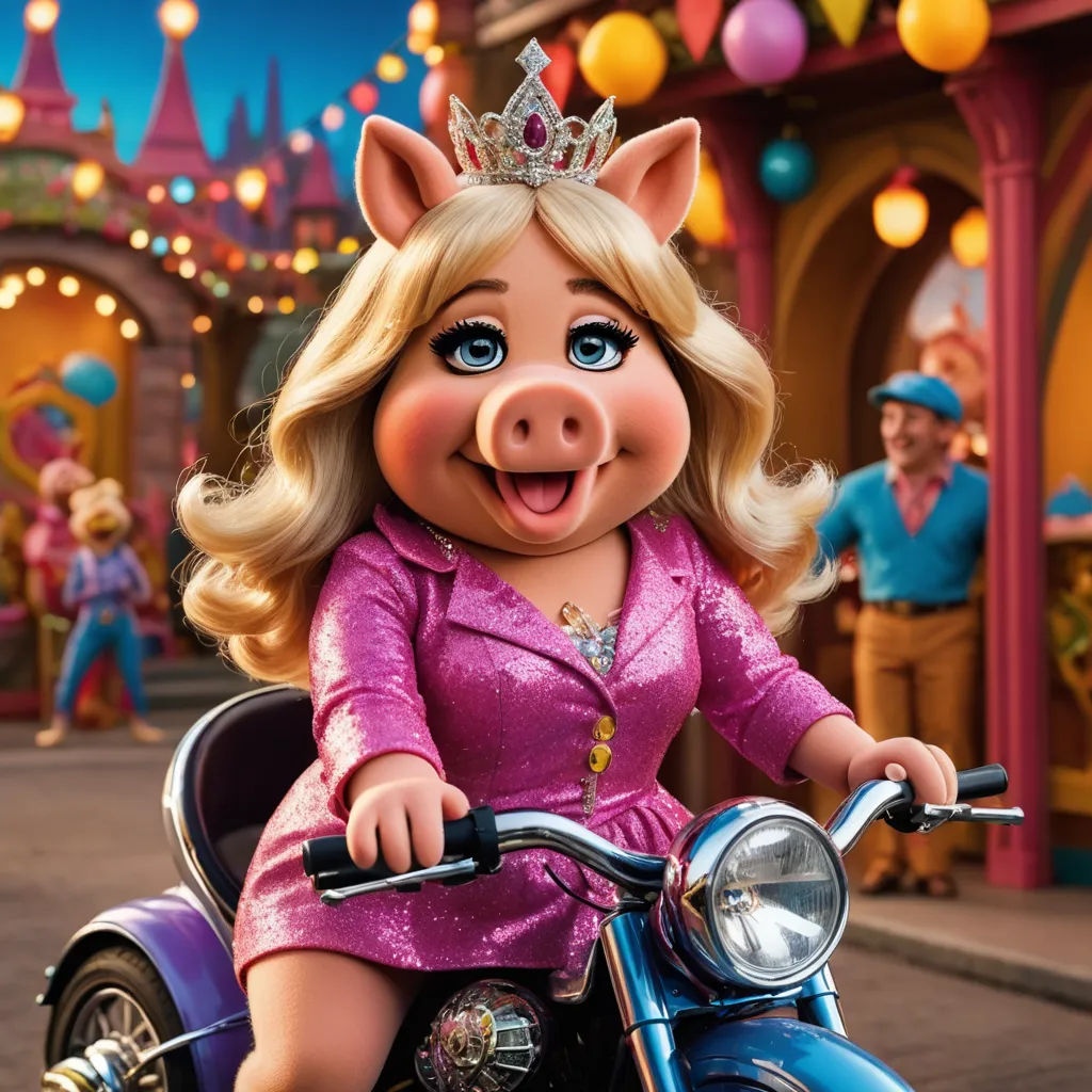 a cartoon pig riding a motorcycle in a parade with a man in the background and a woman in a pink dress, sots art, a poster, disney, promotional image