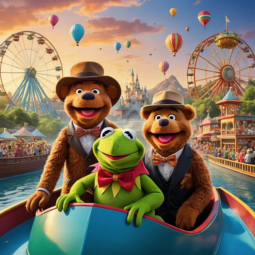 a couple of bears riding on top of a boat in a park with a frog on the back of it, sots art, a stock photo, disney, promotional image