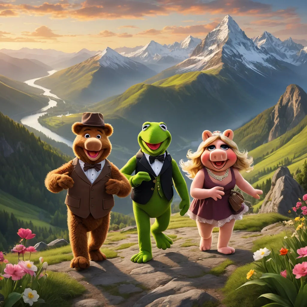 a group of three cartoon characters standing on a mountain trail with a view of a valley and mountains in the background, kitsch movement, a detailed matte painting, Chris LaBrooy, promotional image