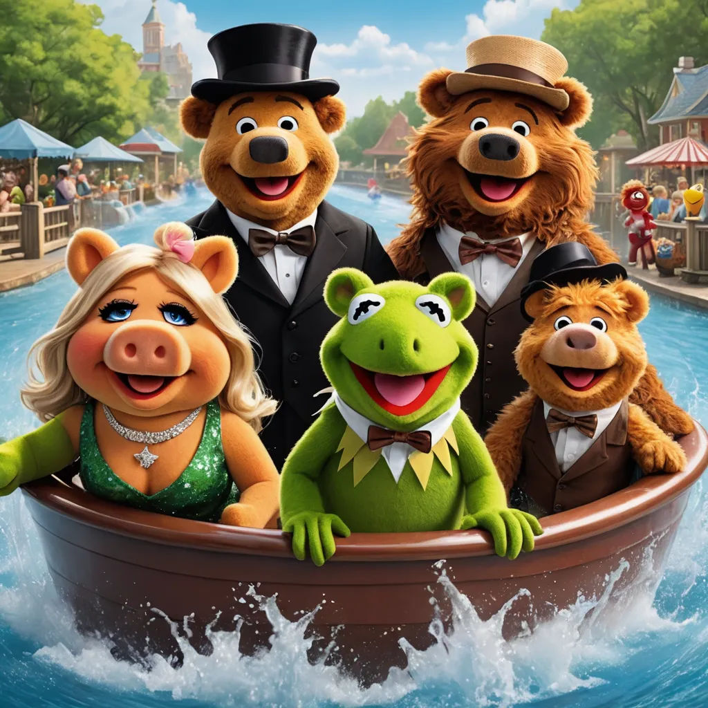 a group of people riding on the back of a boat in a river with a frog and a bear, sots art, an album cover, disney, promotional image