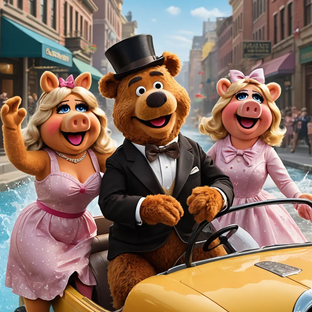 a group of three people in a car with a bear and a woman in a dress and top hat, sots art, concept art, Bourgeois, promotional image
