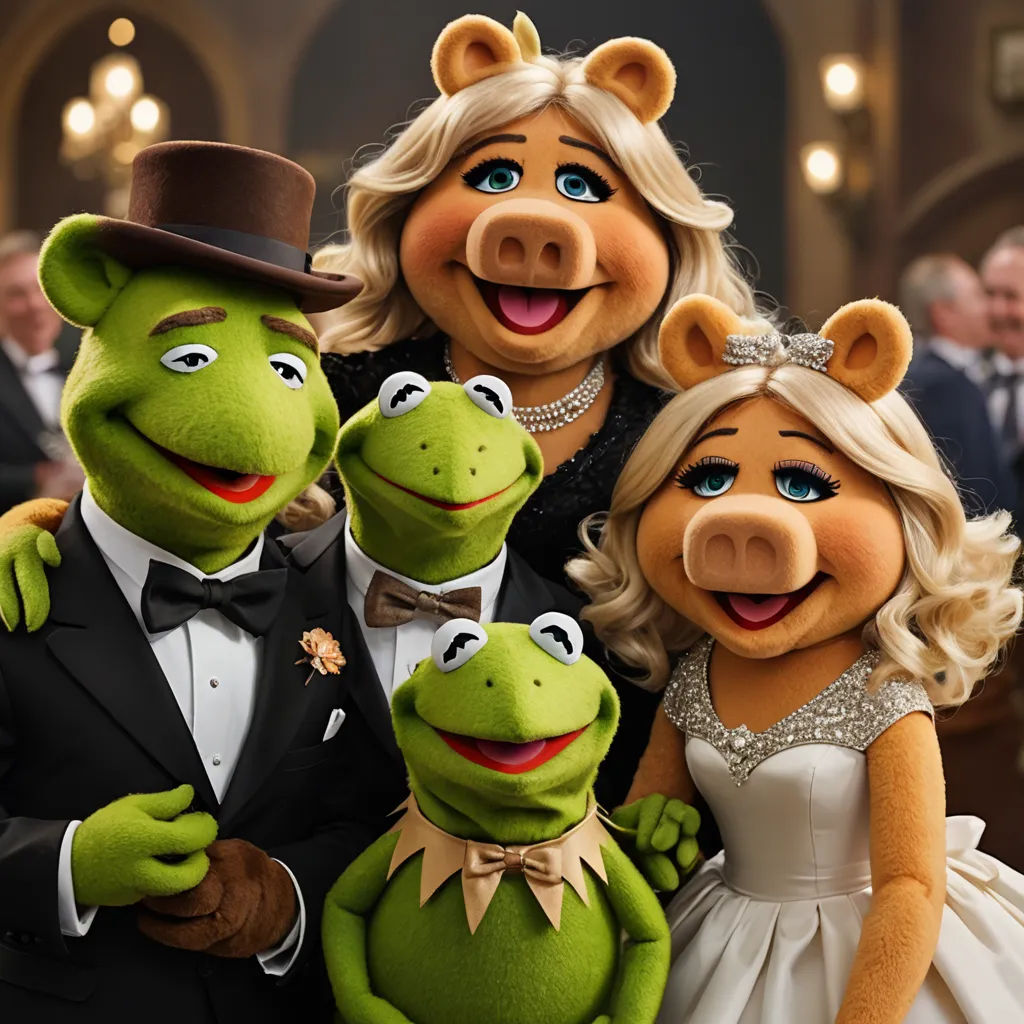 a bride and groom pose with the muppets in a wedding photo together in a ballroom with other people, fantastic realism, concept art, Andries Both, promotional image