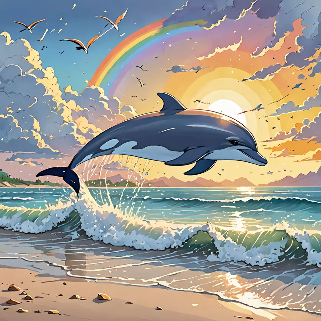 a dolphin jumping out of the water at sunset with a rainbow in the background and birds flying around it, Anne Stokes, rayonism, an airbrush painting, ocean