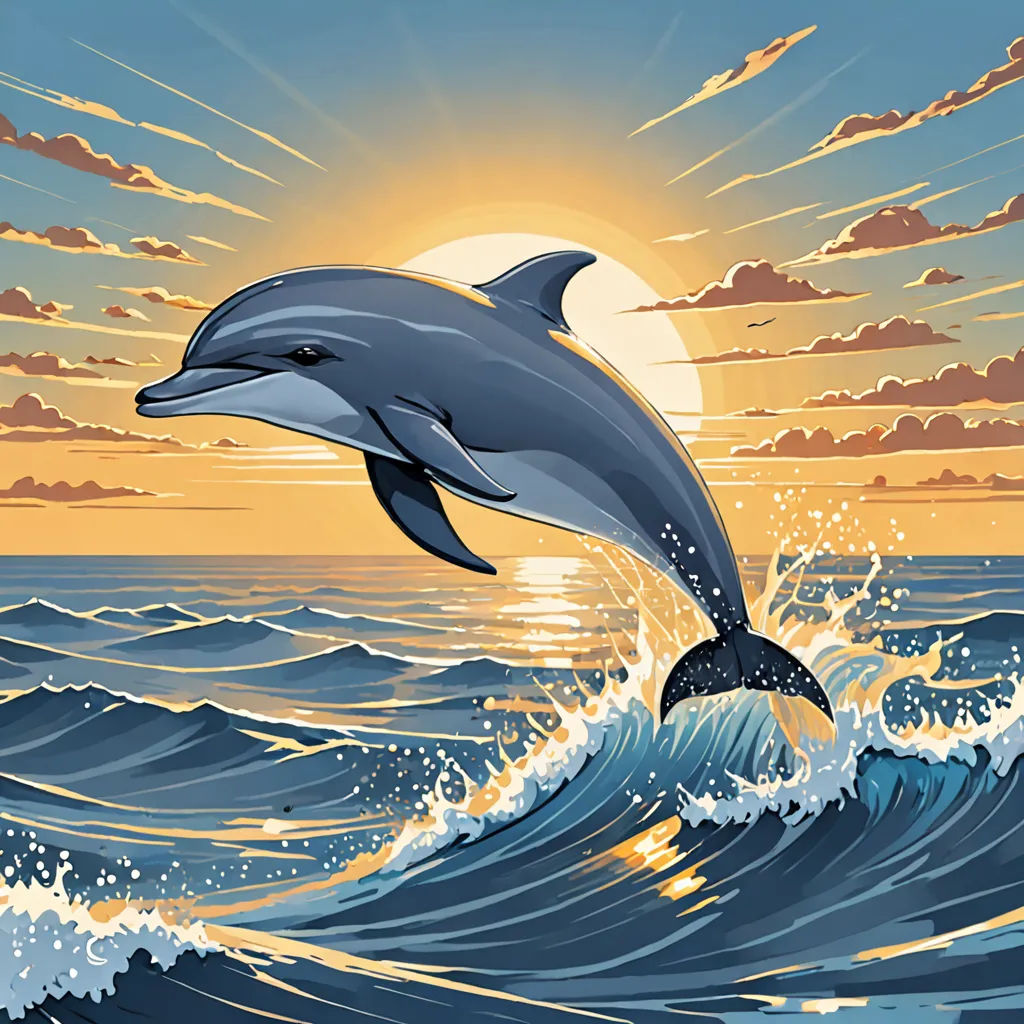 a dolphin jumping out of the water at sunset with a full moon in the background and clouds in the sky, Dan Mumford, rayonism, an airbrush painting, professional digital painting