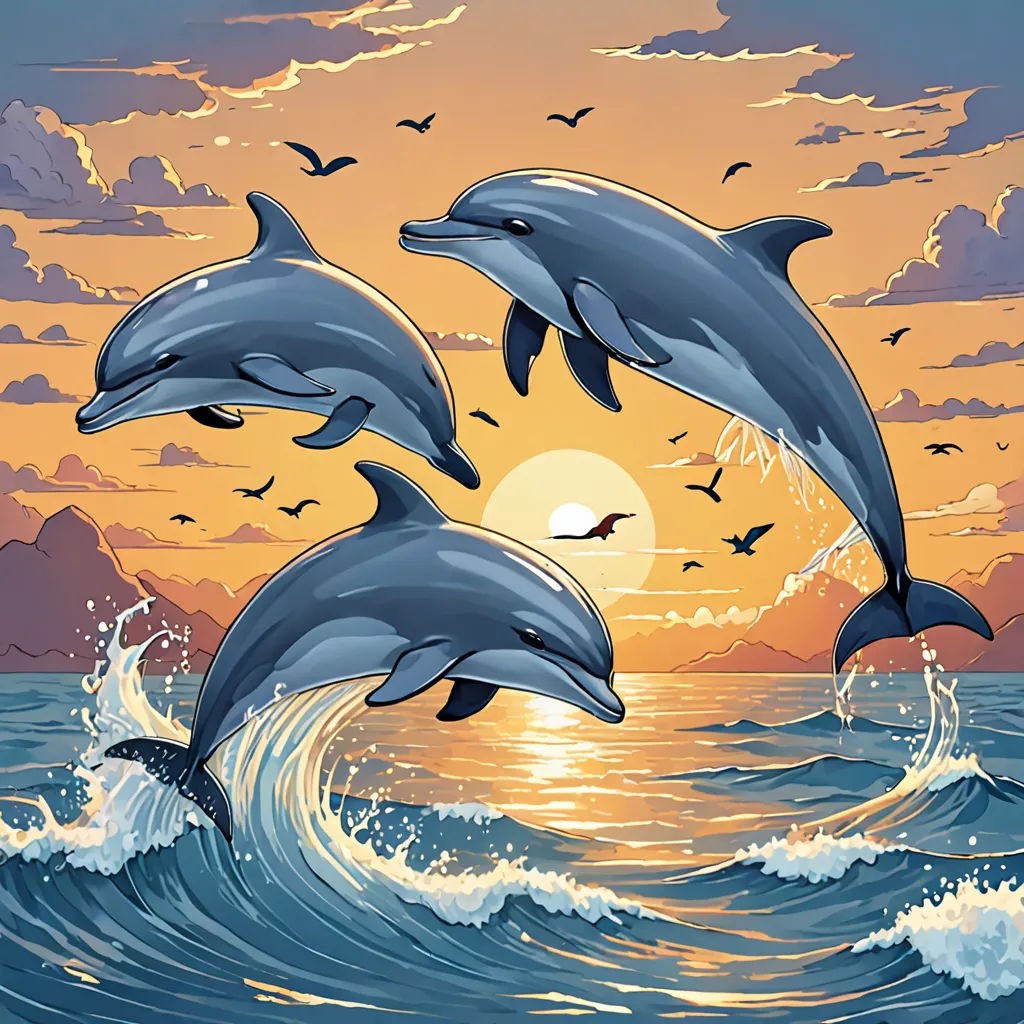 three dolphins jumping out of the water at sunset with a flock of birds flying above them and a sunset behind them, Dan Mumford, rayonism, a comic book panel, comic cover art