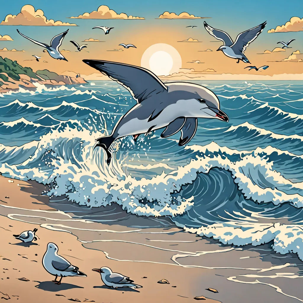 a painting of a dolphin jumping out of the water at the beach with seagulls flying around it, Dan Mumford, rayonism, a comic book panel, comic cover art