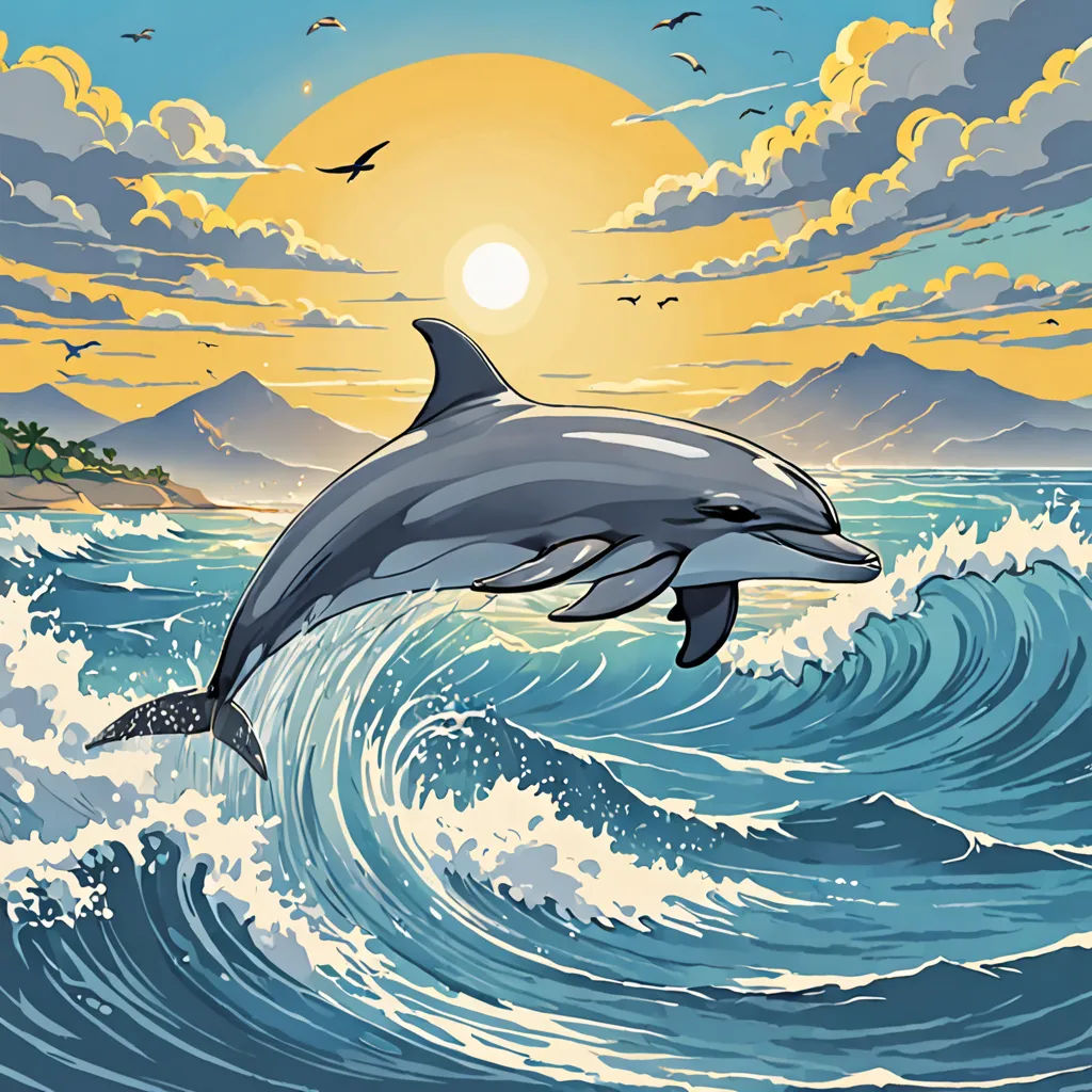 a dolphin jumping out of the water at sunset with a bird flying above it and a bird flying above it, Dan Mumford, rayonism, a comic book panel, comic cover art