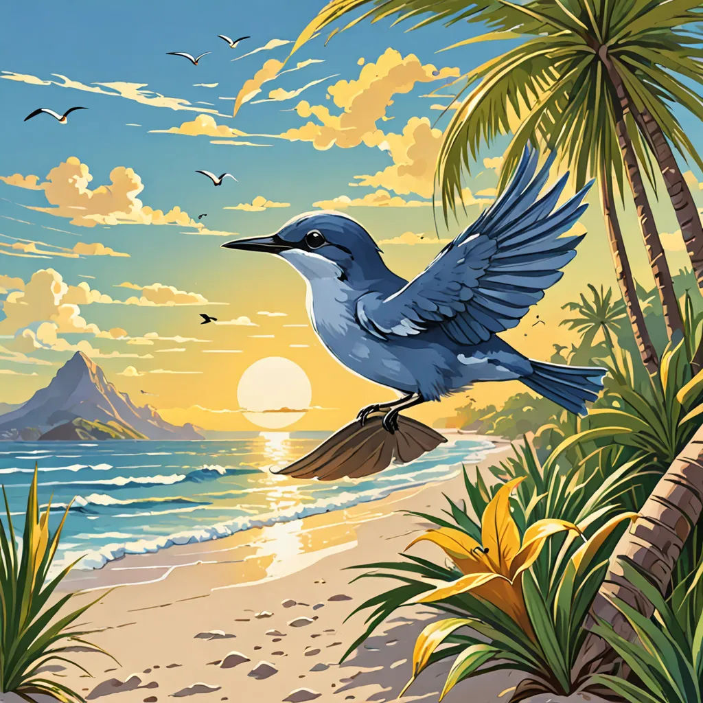 a blue bird flying over a beach next to the ocean with palm trees and birds flying around it and a sunset, Chris LaBrooy, american scene painting, an airbrush painting, highly detailed digital painting