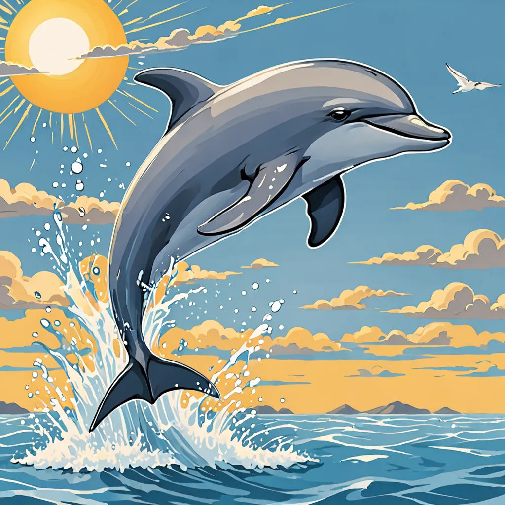 a dolphin jumping out of the water with a bird flying above it and a sun in the background with clouds, Dan Mumford, rayonism, a comic book panel, cel shading