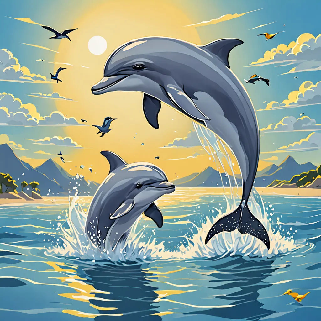 two dolphins jumping out of the water at sunset with birds flying around them and a bird flying above them, Dan Mumford, rayonism, an airbrush painting, highly detailed digital painting