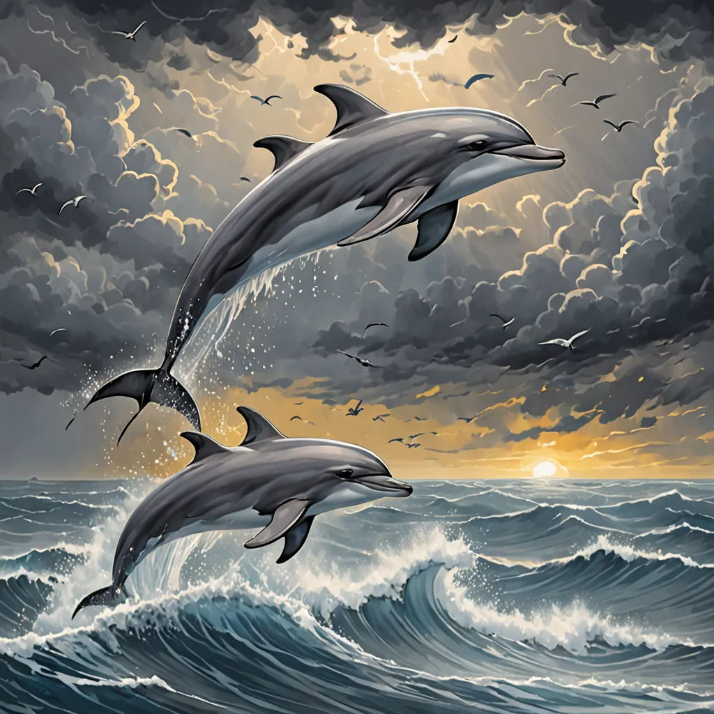 two dolphins jumping out of the water at sunset with a cloudy sky above them and birds flying above them, Cyril Rolando, pop surrealism, an airbrush painting, highly detailed digital painting