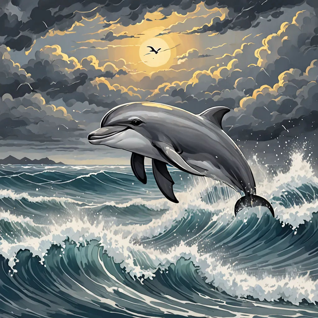 a dolphin jumping out of the water with a bird flying above it and a full moon in the sky, Cyril Rolando, pop surrealism, an airbrush painting, extreme illustration