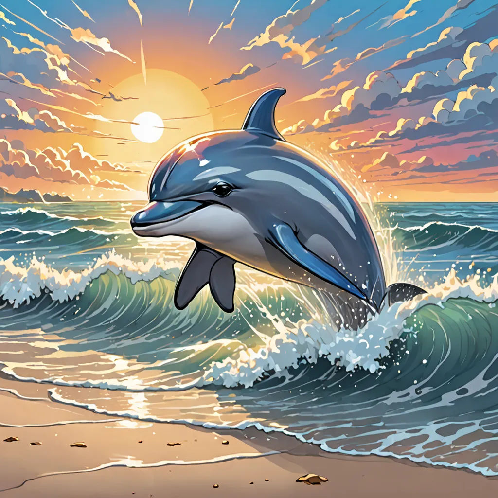 a dolphin jumping out of the water at sunset on the beach with waves and clouds in the background,, David Martin, pop surrealism, an airbrush painting, official art