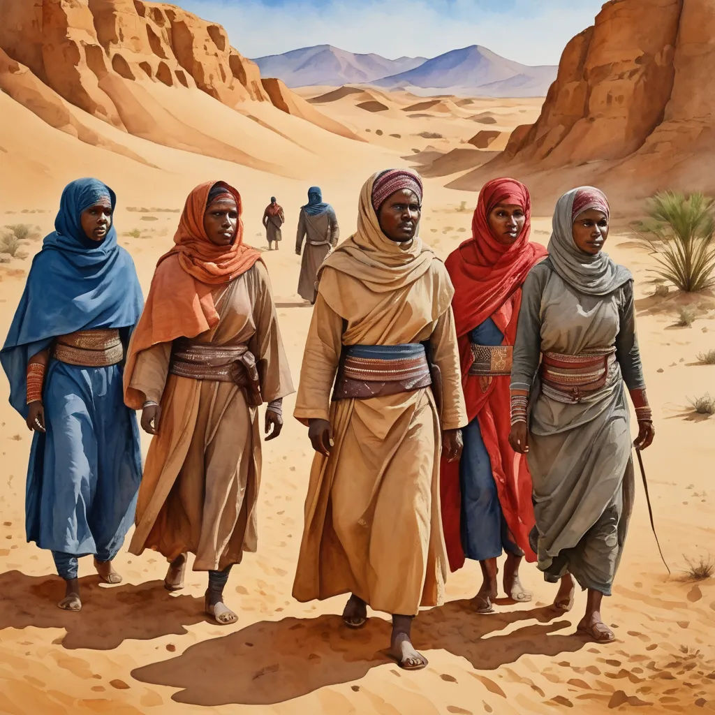 a painting of four people walking in the desert together, with mountains in the background and a sky in the background, figurative art, a detailed matte painting, David Ligare, highly detailed digital painting