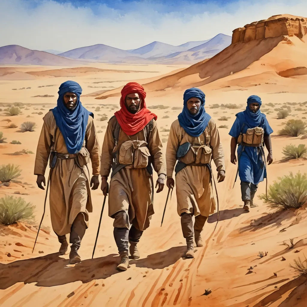 three men in desert attire walking in the desert with mountains in the background and a blue sky in the background, les nabis, egyptian art, Brothers Hildebrandt, desert