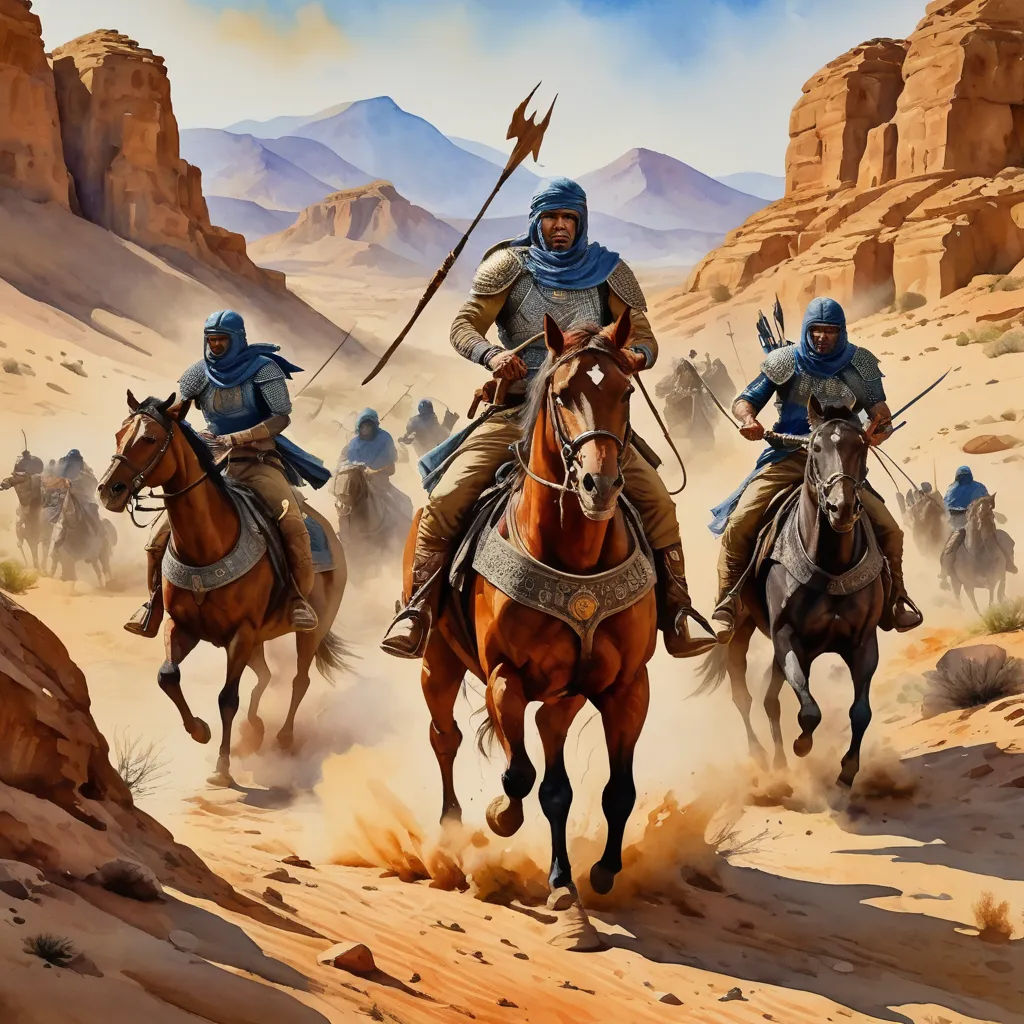 a painting of a group of men riding horses through the desert with a spear in their hand and a spear in his other hand, fantasy art, a detailed matte painting, Christophe Vacher, fantasy artwork