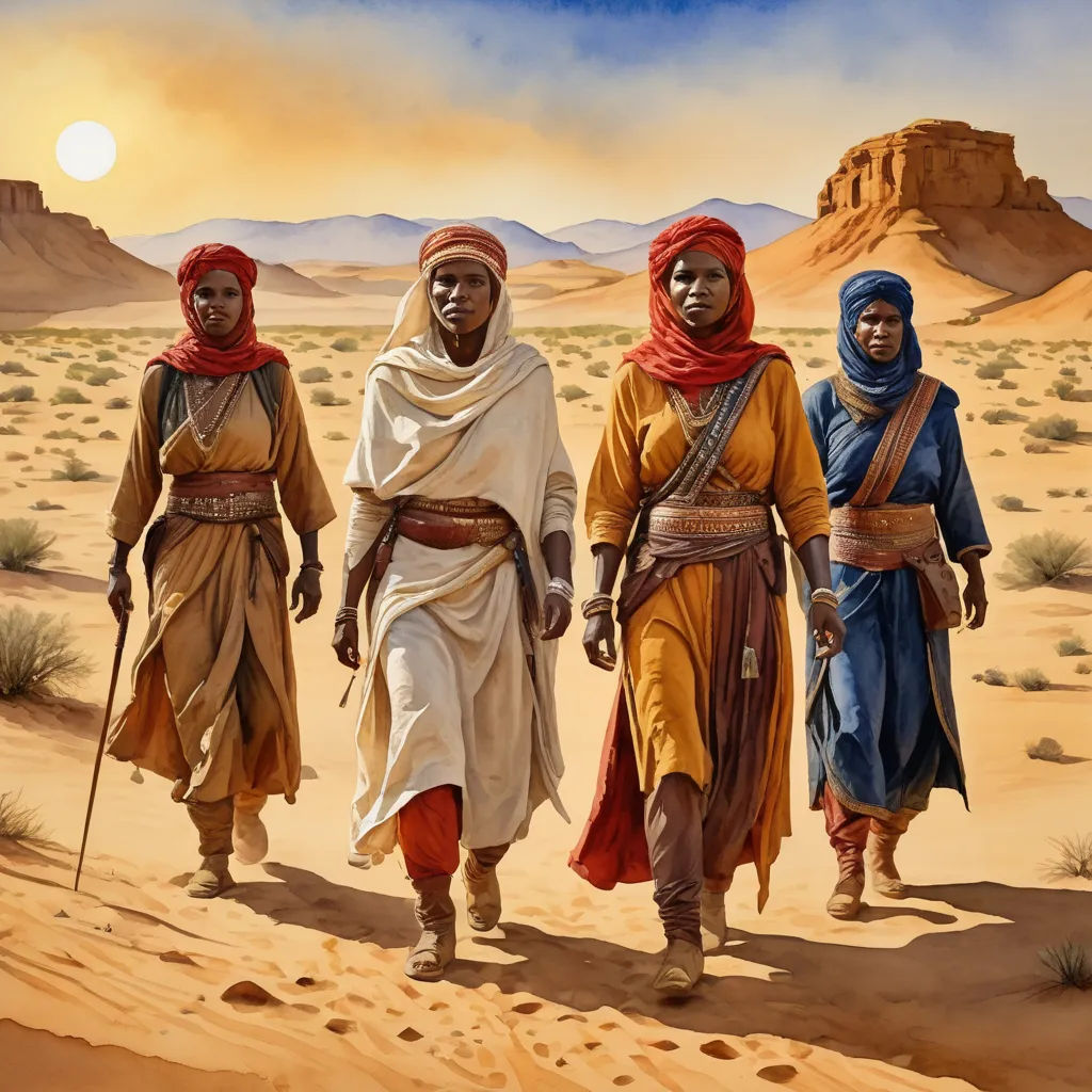 three women in desert attire walking in the sand with a sunset in the background and a desert landscape behind them, feminist art, a painting, Chinwe Chukwuogo-Roy, desert