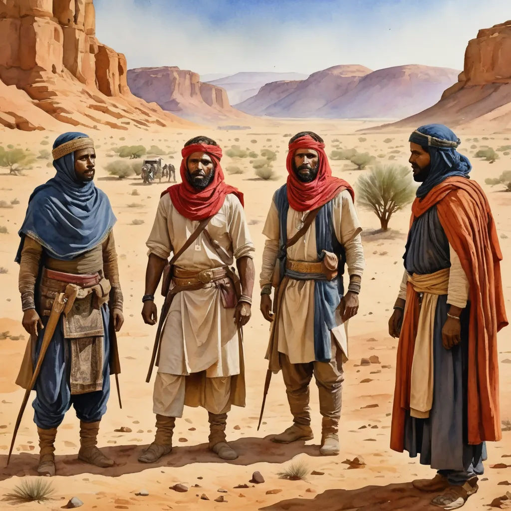 a painting of three men in desert attire standing next to each other with a desert background behind them and a horse drawn carriage in the distance, les nabis, a detailed matte painting, Brothers Hildebrandt, desert